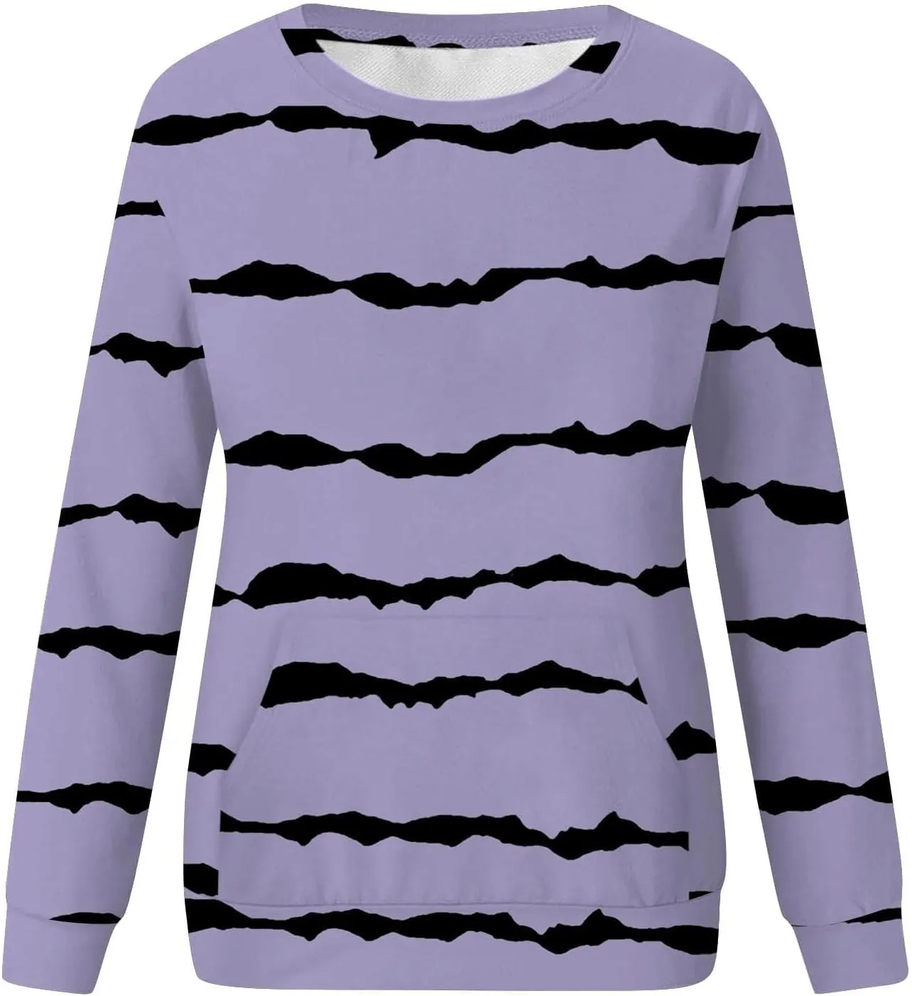 Striped Sweatshirts Women Crewneck Long Sleeve Hoodies Sweatshirt with Kangaroo Pocket Solid Color Pullover Tops