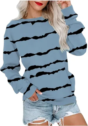Striped Sweatshirts Women Crewneck Long Sleeve Hoodies Sweatshirt with Kangaroo Pocket Solid Color Pullover Tops