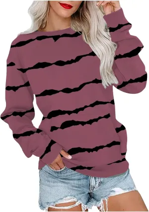 Striped Sweatshirts Women Crewneck Long Sleeve Hoodies Sweatshirt with Kangaroo Pocket Solid Color Pullover Tops