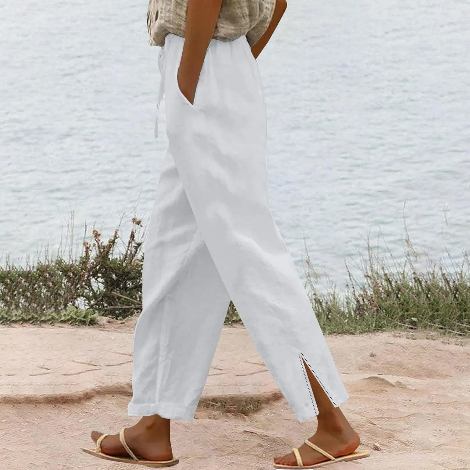 Summer Pants for Women 2025 Casual Cotton Linen Pants Drawstring High Waist Beach Pants with Pockets Vacation Outfits