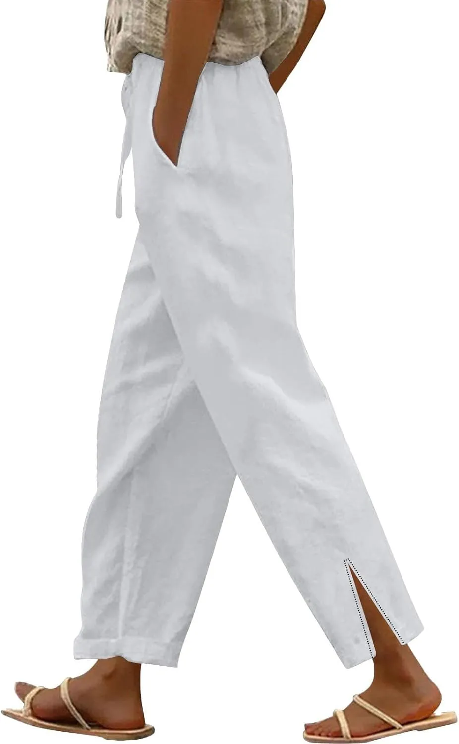 Summer Pants for Women 2025 Casual Cotton Linen Pants Drawstring High Waist Beach Pants with Pockets Vacation Outfits