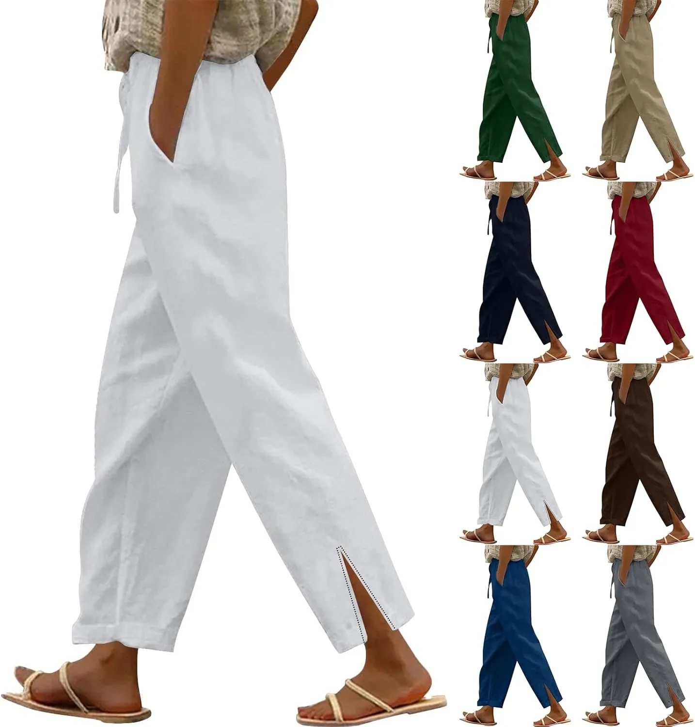 Summer Pants for Women 2025 Casual Cotton Linen Pants Drawstring High Waist Beach Pants with Pockets Vacation Outfits