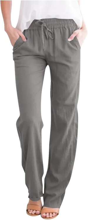 Summer Pants for Women 2025 Elastic High Waisted Wide Leg Pants Beach Vacation Cover Up Lounge Pants with Pockets