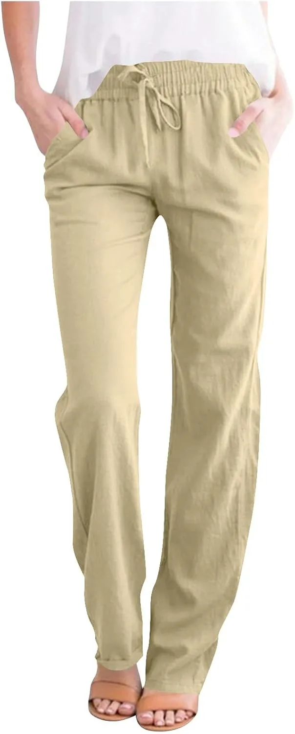 Summer Pants for Women 2025 Elastic High Waisted Wide Leg Pants Beach Vacation Cover Up Lounge Pants with Pockets