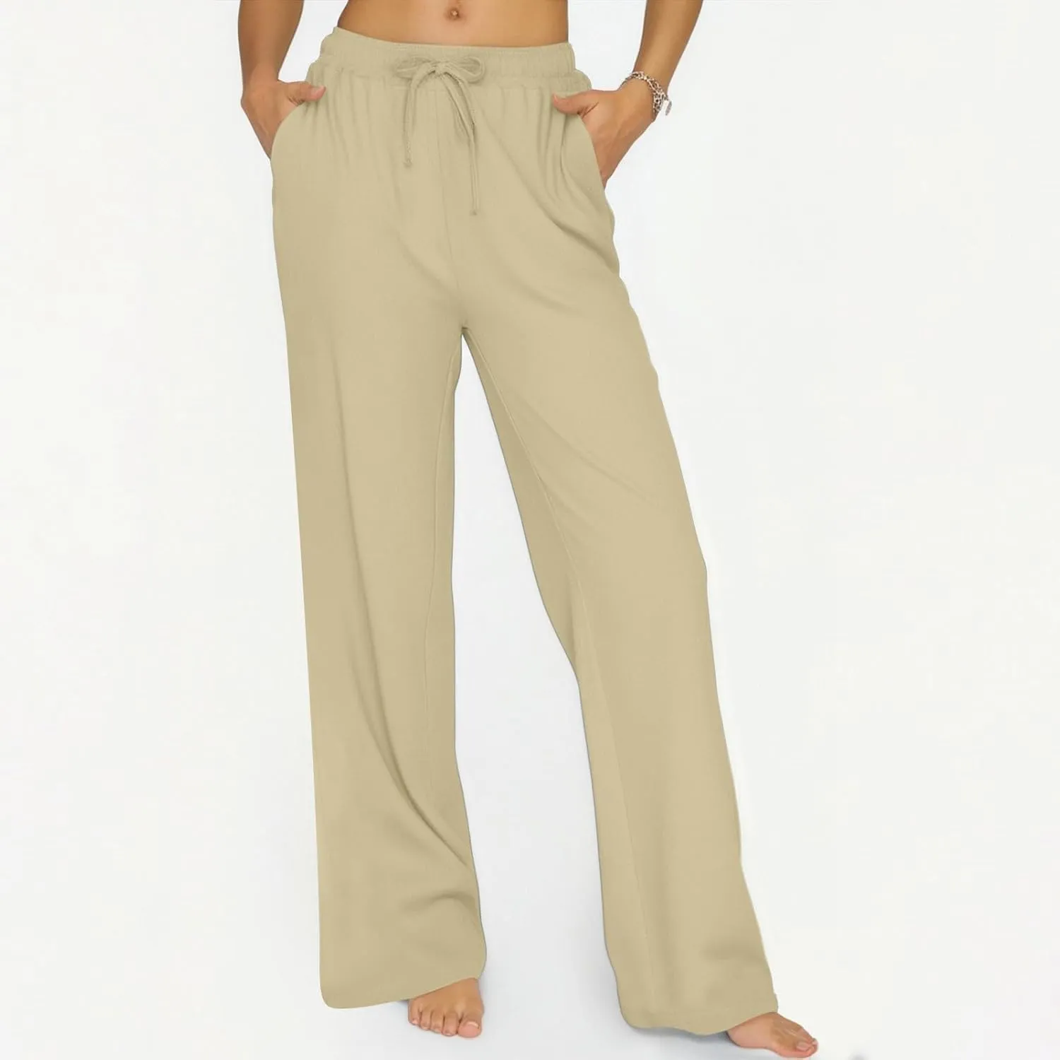 Summer Pants for Women 2025 Elastic High Waisted Wide Leg Pants Beach Vacation Cover Up Lounge Pants with Pockets