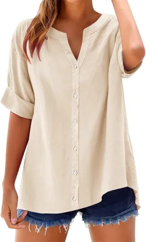 Summer Shirts for Women 2025 Linen Work Tops Trendy Button Down Henley V Neck Shirt Solid Casual Blouses Daily Clothes