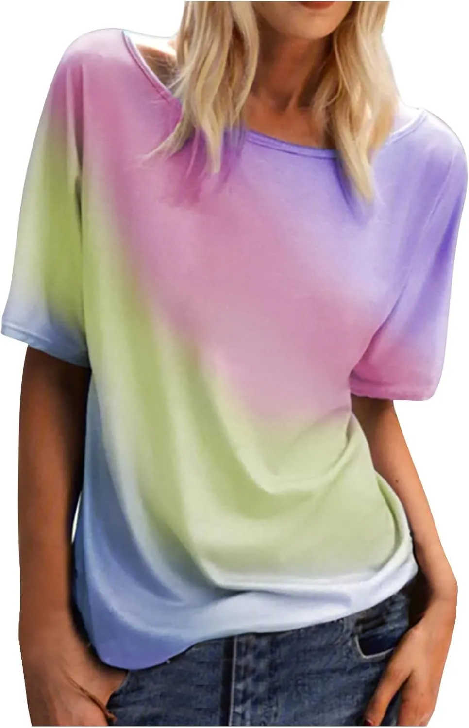 Summer Tops Women Short Sleeve Oversized Tie Dye T Shirts Cute Loose Going Out Blouses Camp Tunics Soft Sports Tees