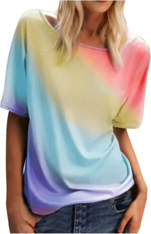 Summer Tops Women Short Sleeve Oversized Tie Dye T Shirts Cute Loose Going Out Blouses Camp Tunics Soft Sports Tees