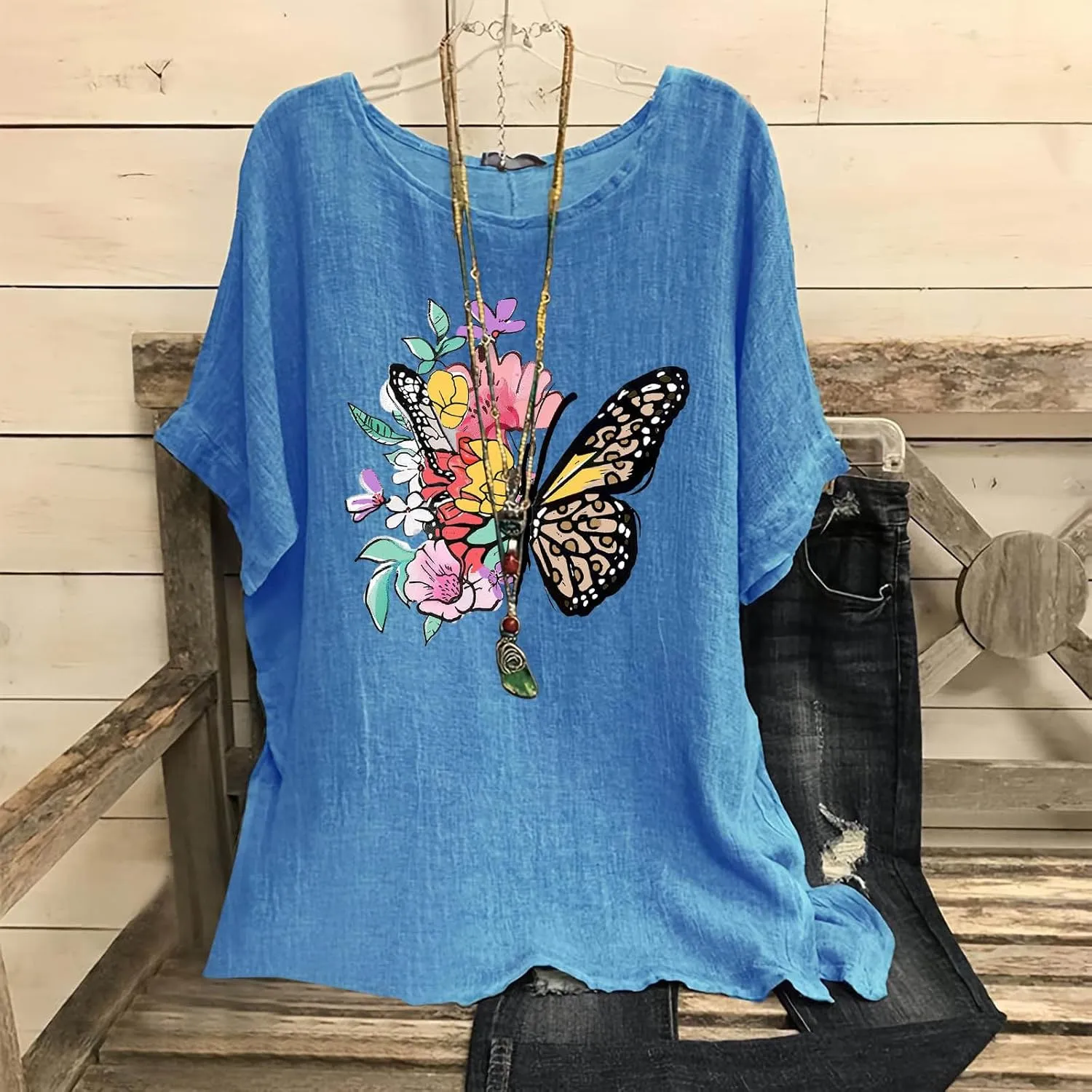 Summer Tunic Tops for Women Lightweight Comfy Tees Dragonfly Trendy Blouses Plus Size Linen 3/4 Length Sleeve Clothes