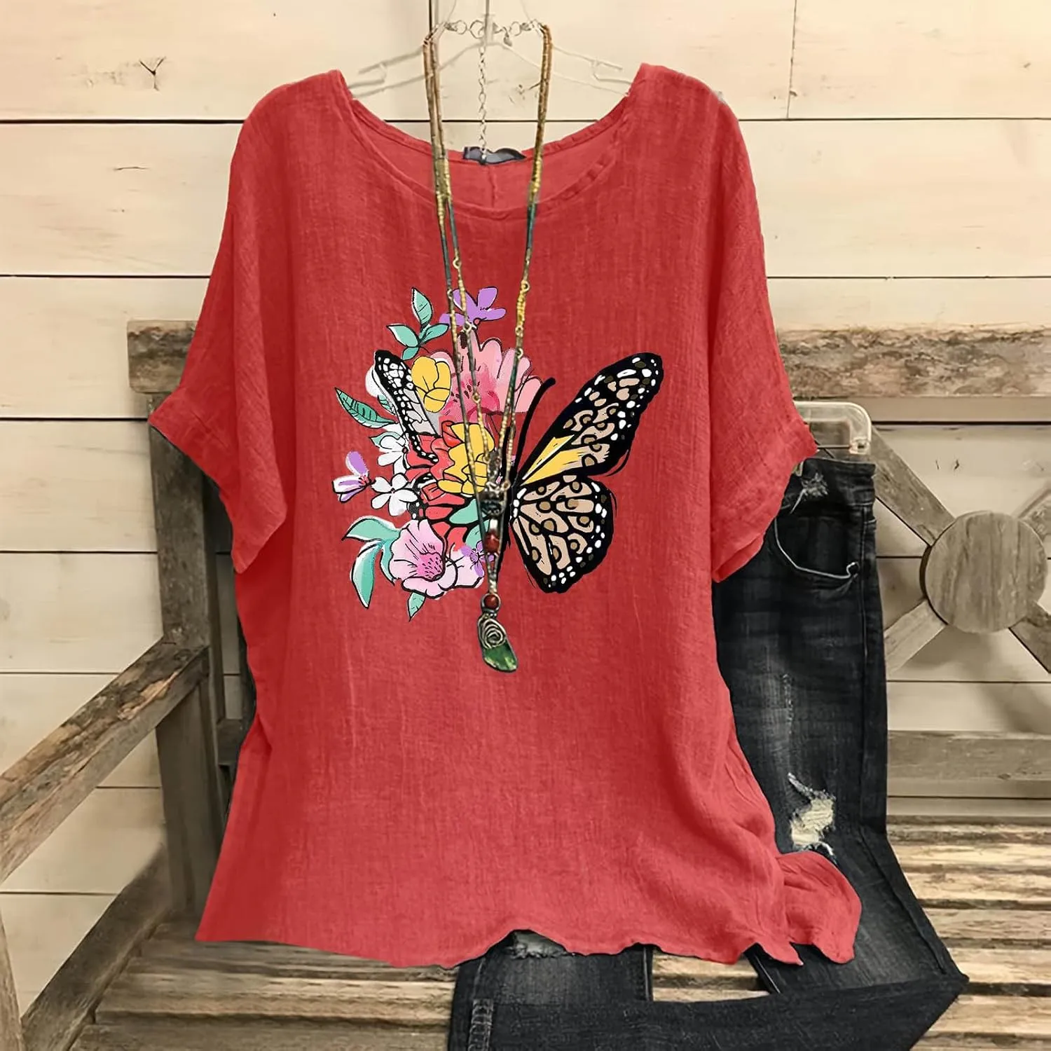 Summer Tunic Tops for Women Lightweight Comfy Tees Dragonfly Trendy Blouses Plus Size Linen 3/4 Length Sleeve Clothes