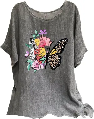Summer Tunic Tops for Women Lightweight Comfy Tees Dragonfly Trendy Blouses Plus Size Linen 3/4 Length Sleeve Clothes