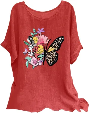 Summer Tunic Tops for Women Lightweight Comfy Tees Dragonfly Trendy Blouses Plus Size Linen 3/4 Length Sleeve Clothes