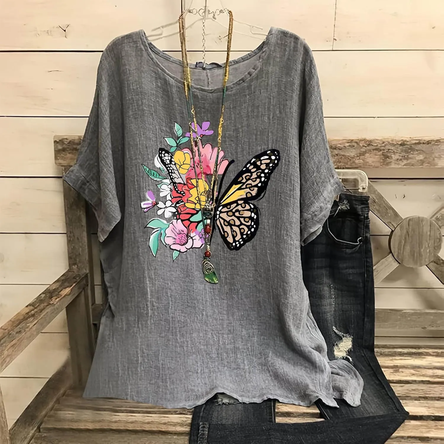 Summer Tunic Tops for Women Lightweight Comfy Tees Dragonfly Trendy Blouses Plus Size Linen 3/4 Length Sleeve Clothes