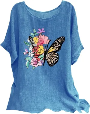 Summer Tunic Tops for Women Lightweight Comfy Tees Dragonfly Trendy Blouses Plus Size Linen 3/4 Length Sleeve Clothes