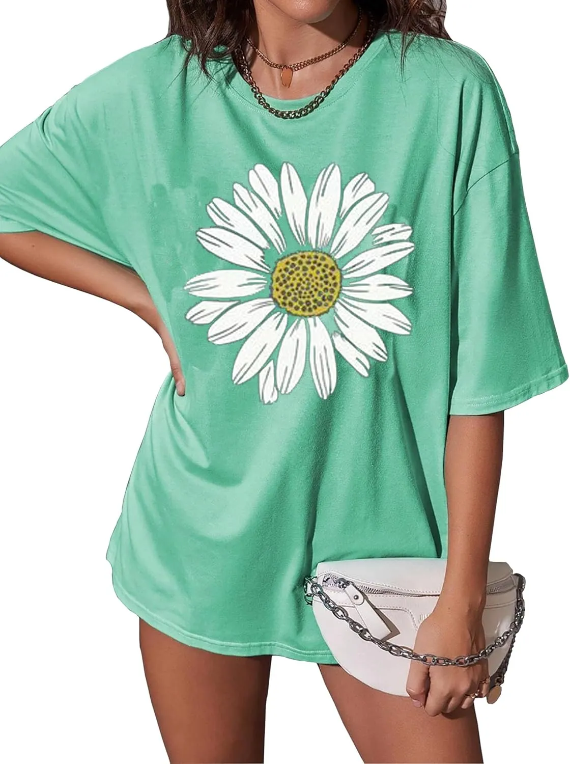 Sunflower Shirts for Women Flower Graphic Tees Casual Short Sleeve Tops Loose Tee Oversized Drop Shoulder T Shirts