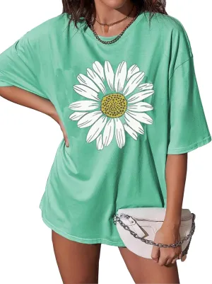 Sunflower Shirts for Women Flower Graphic Tees Casual Short Sleeve Tops Loose Tee Oversized Drop Shoulder T Shirts