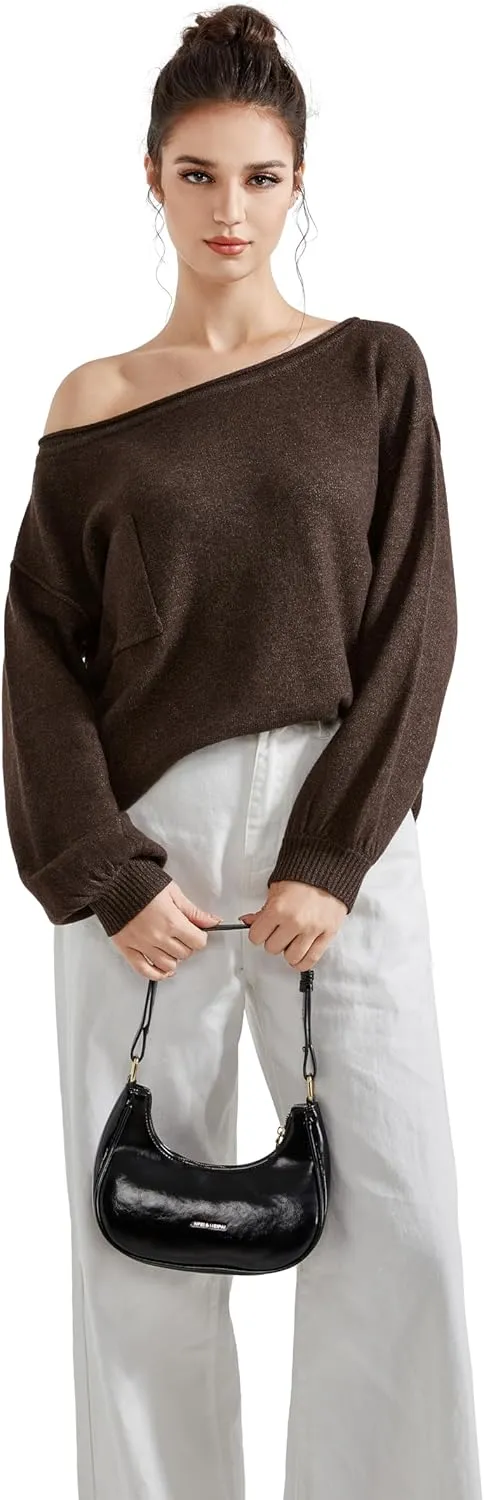 SUUKSESS Women Off The Shoulder Spring Sweaters Long Sleeve Boat Neck Oversized Pullover Sweater Tops