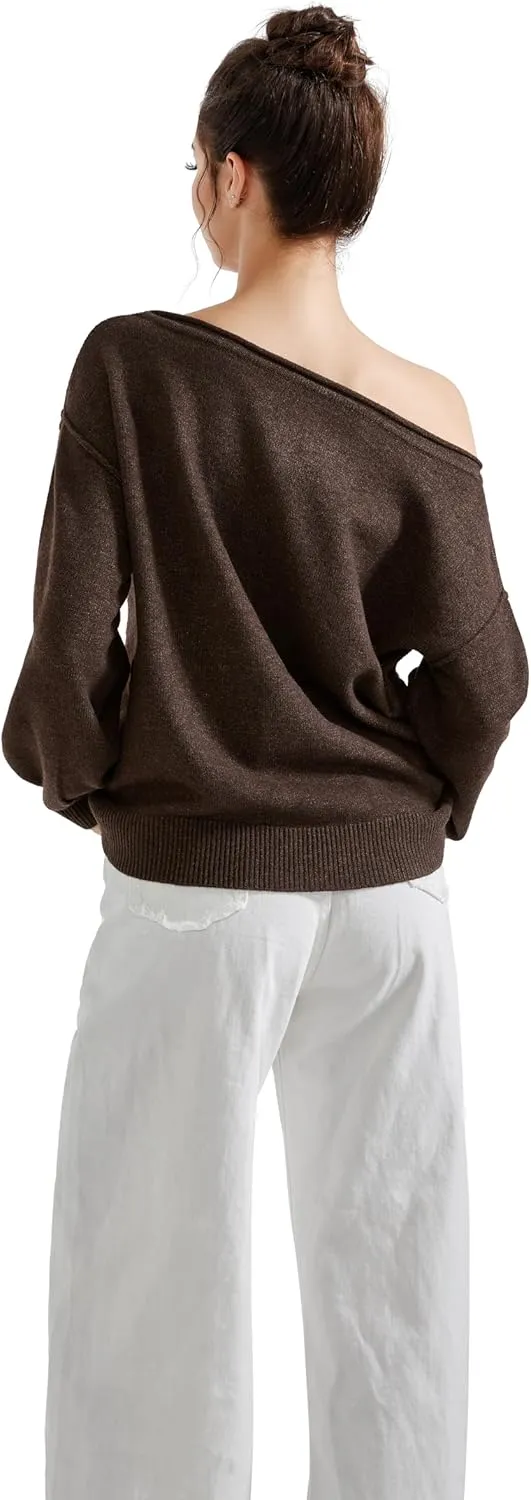 SUUKSESS Women Off The Shoulder Spring Sweaters Long Sleeve Boat Neck Oversized Pullover Sweater Tops