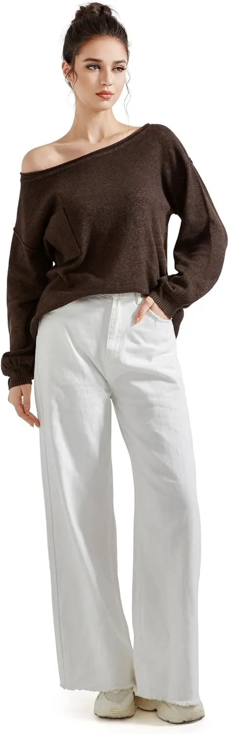 SUUKSESS Women Off The Shoulder Spring Sweaters Long Sleeve Boat Neck Oversized Pullover Sweater Tops