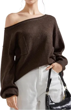 SUUKSESS Women Off The Shoulder Spring Sweaters Long Sleeve Boat Neck Oversized Pullover Sweater Tops
