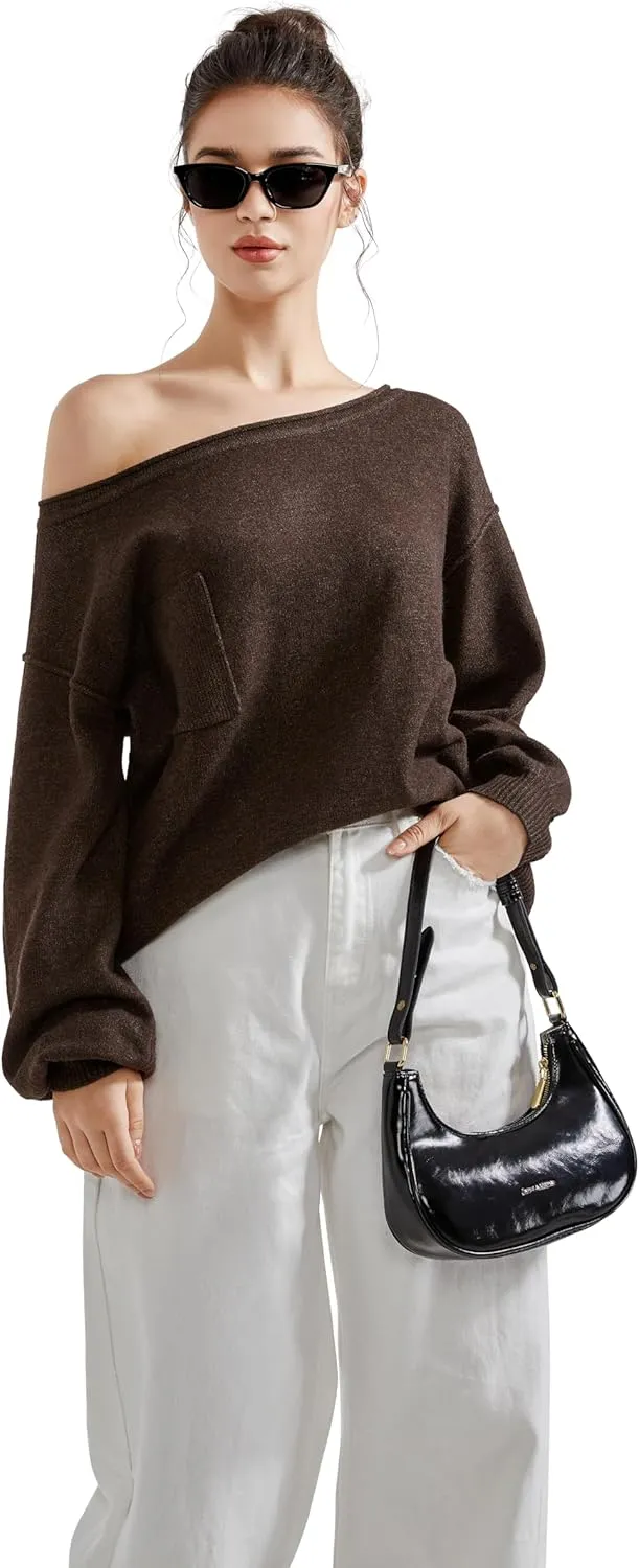 SUUKSESS Women Off The Shoulder Spring Sweaters Long Sleeve Boat Neck Oversized Pullover Sweater Tops