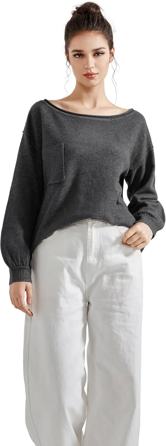 SUUKSESS Women Off The Shoulder Spring Sweaters Long Sleeve Boat Neck Oversized Pullover Sweater Tops