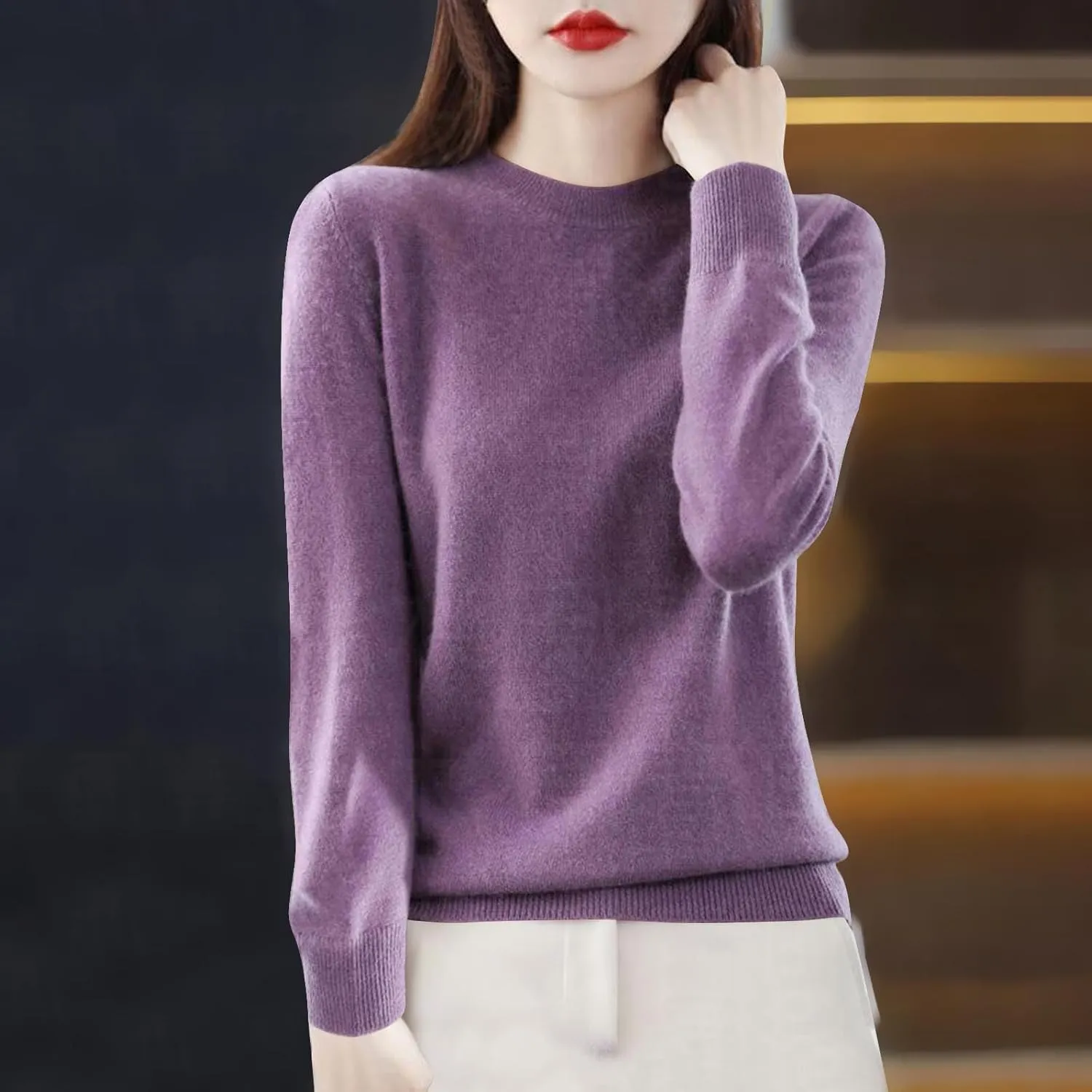 Sweaters for Women Trendy Long Sleeve Fuzzy Crewneck Pullover Tops Solid Color Lightweight Cashmere Sweater