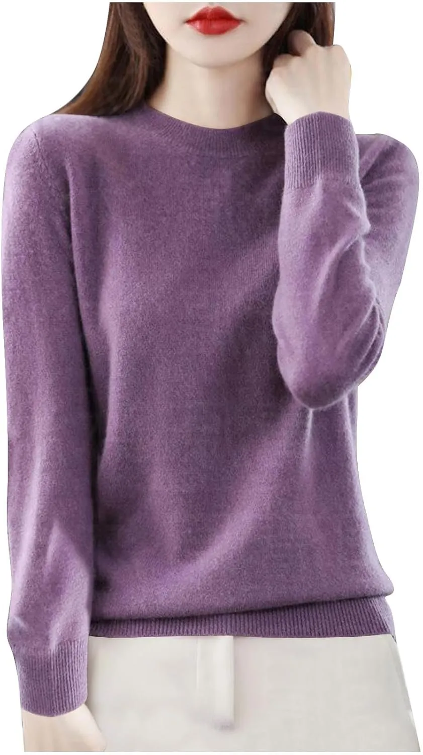 Sweaters for Women Trendy Long Sleeve Fuzzy Crewneck Pullover Tops Solid Color Lightweight Cashmere Sweater