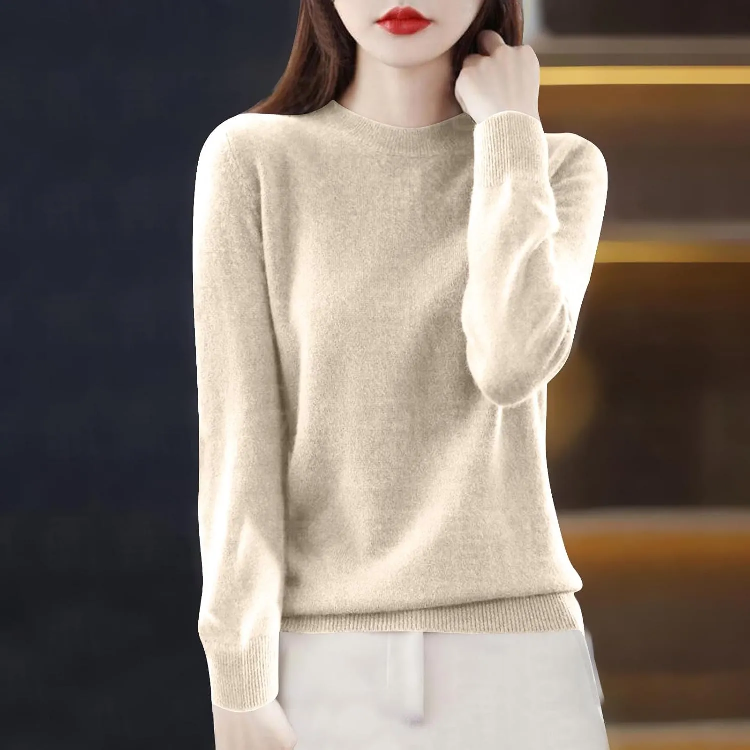 Sweaters for Women Trendy Long Sleeve Fuzzy Crewneck Pullover Tops Solid Color Lightweight Cashmere Sweater