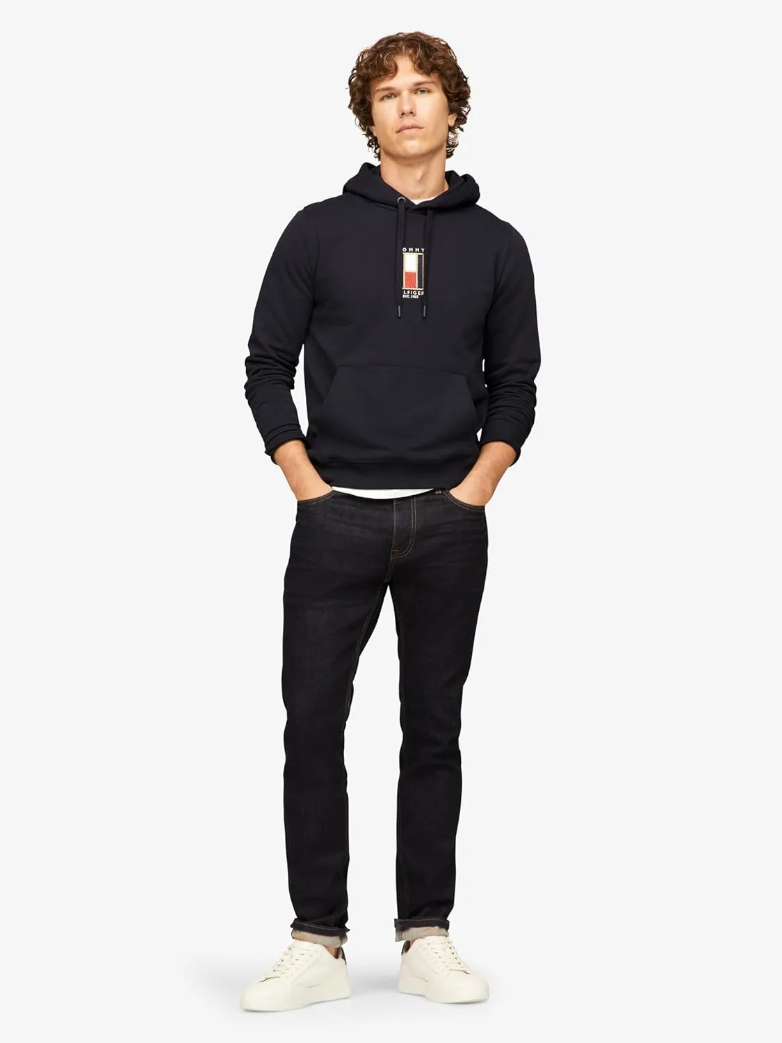 Tommy Hilfiger Men's Medium Weight Fleece Hoodie Sweatshirt with Embroidered Flag Logo