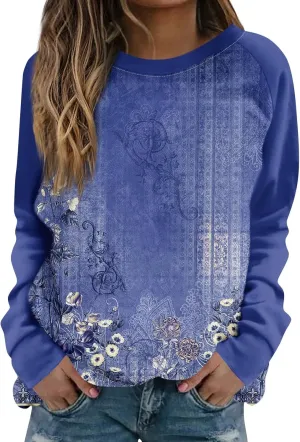 Tunic Sweatshirts for Women Long Sleeve Floral Print Loose Fit Shirts Crewneck Graphic Trendy Sweater Clothing