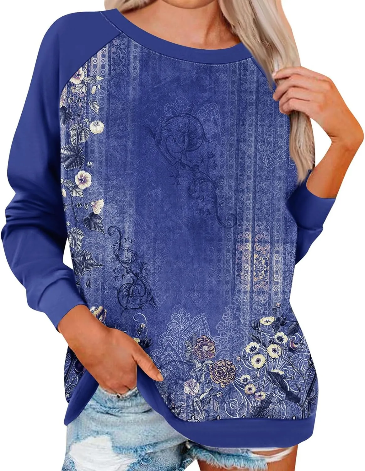 Tunic Sweatshirts for Women Long Sleeve Floral Print Loose Fit Shirts Crewneck Graphic Trendy Sweater Clothing