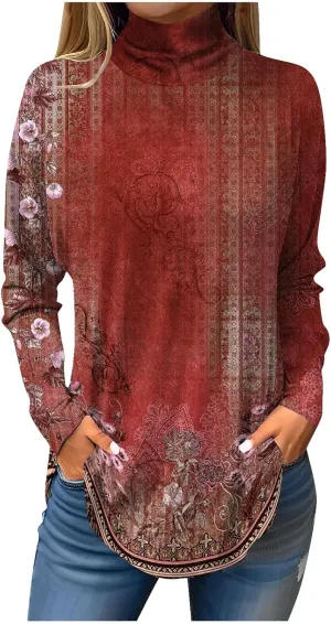 Tunic Tops For Women Loose Fit Dressy Print Mock Neck Shirts Casual Turtle Necks Long Sleeve Shirts Fall Blouse