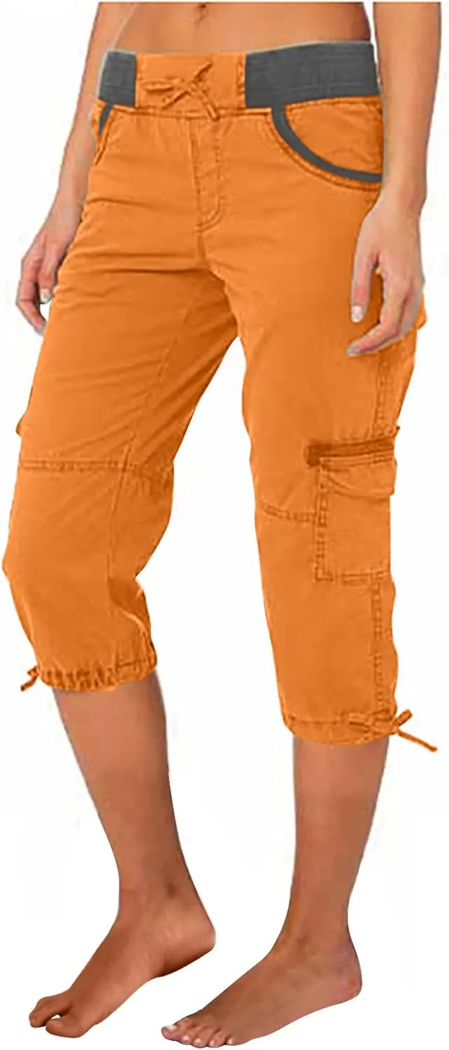 Uillui Active Women's Twill Cotton Stretch Capris Hiking Cropped Cargo Pants Elastic Waist Pockets Casual Cargo Shorts