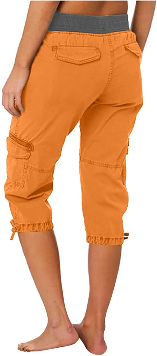 Uillui Active Women's Twill Cotton Stretch Capris Hiking Cropped Cargo Pants Elastic Waist Pockets Casual Cargo Shorts