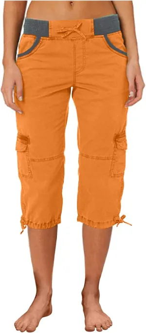 Uillui Active Women's Twill Cotton Stretch Capris Hiking Cropped Cargo Pants Elastic Waist Pockets Casual Cargo Shorts