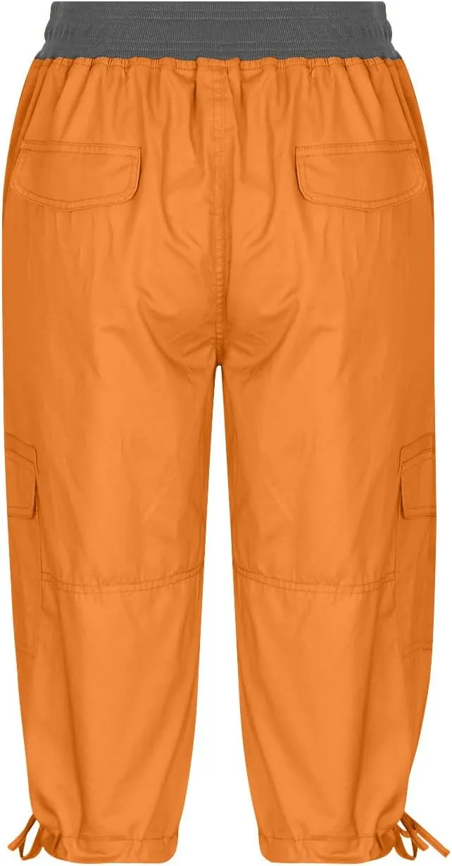 Uillui Active Women's Twill Cotton Stretch Capris Hiking Cropped Cargo Pants Elastic Waist Pockets Casual Cargo Shorts