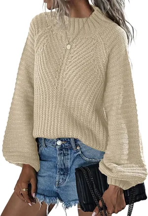 Upopby Women's Fall Winter Mock Neck Sweaters for Women Trendy Lantern Sleeve Knitted Pullover Sweater Jumper Tops