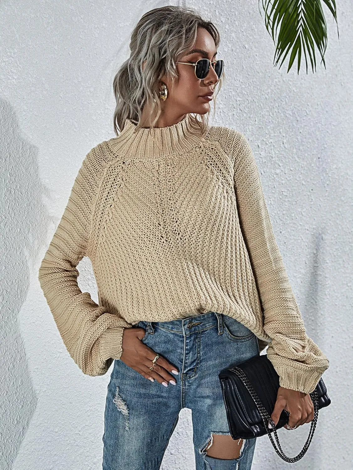 Upopby Women's Fall Winter Mock Neck Sweaters for Women Trendy Lantern Sleeve Knitted Pullover Sweater Jumper Tops