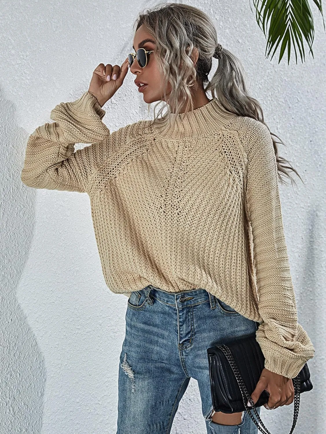 Upopby Women's Fall Winter Mock Neck Sweaters for Women Trendy Lantern Sleeve Knitted Pullover Sweater Jumper Tops