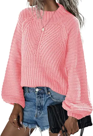 Upopby Women's Fall Winter Mock Neck Sweaters for Women Trendy Lantern Sleeve Knitted Pullover Sweater Jumper Tops