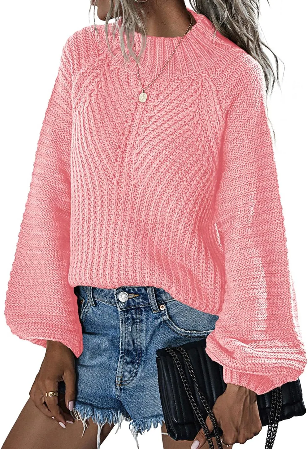 Upopby Women's Fall Winter Mock Neck Sweaters for Women Trendy Lantern Sleeve Knitted Pullover Sweater Jumper Tops