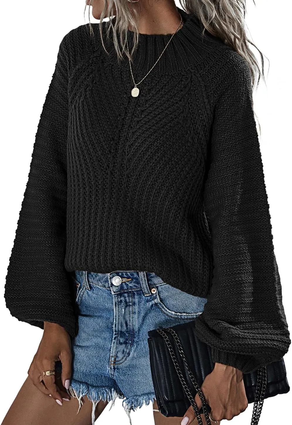 Upopby Women's Fall Winter Mock Neck Sweaters for Women Trendy Lantern Sleeve Knitted Pullover Sweater Jumper Tops