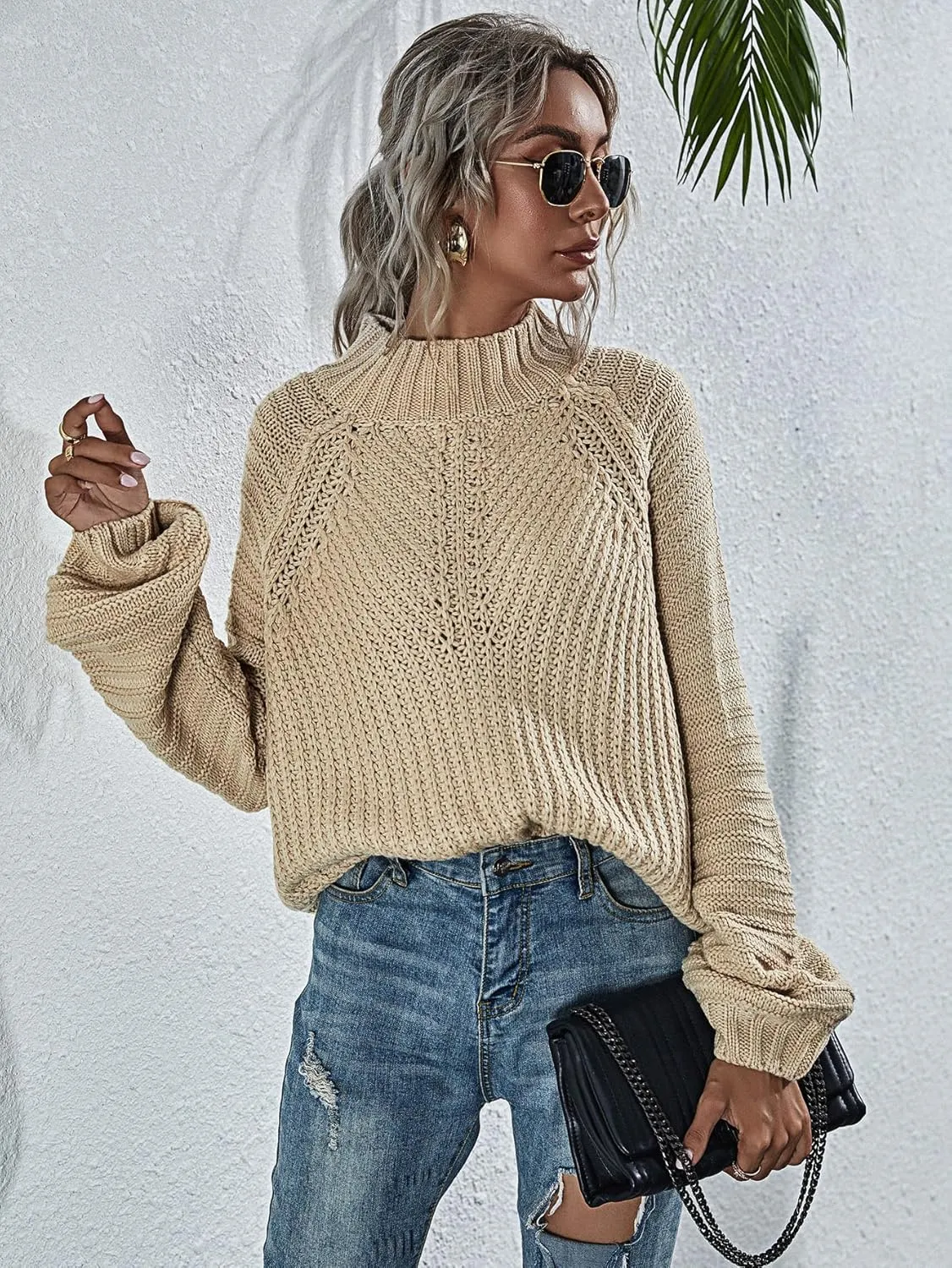 Upopby Women's Fall Winter Mock Neck Sweaters for Women Trendy Lantern Sleeve Knitted Pullover Sweater Jumper Tops