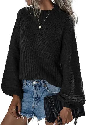 Upopby Women's Fall Winter Mock Neck Sweaters for Women Trendy Lantern Sleeve Knitted Pullover Sweater Jumper Tops