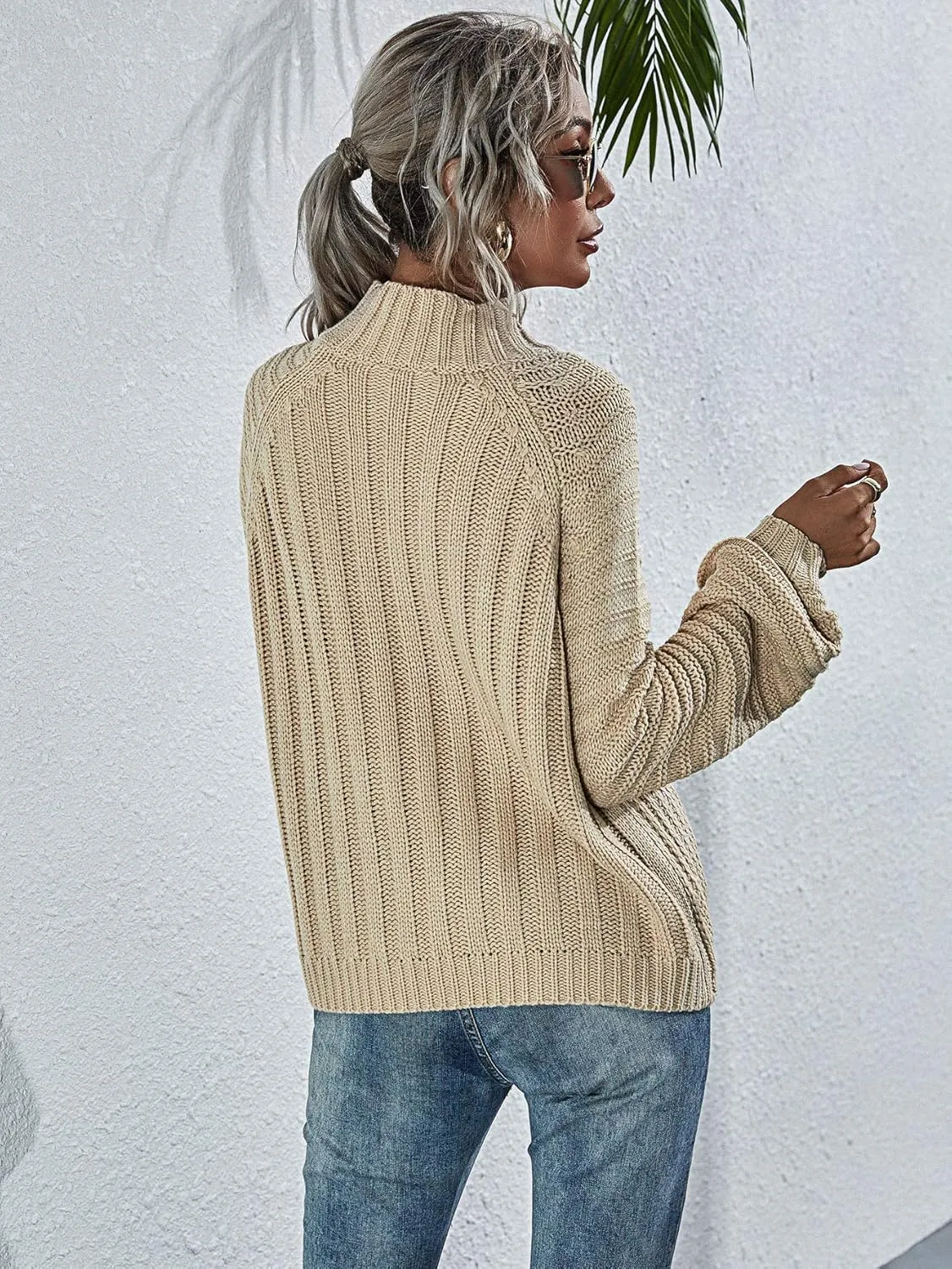 Upopby Women's Fall Winter Mock Neck Sweaters for Women Trendy Lantern Sleeve Knitted Pullover Sweater Jumper Tops