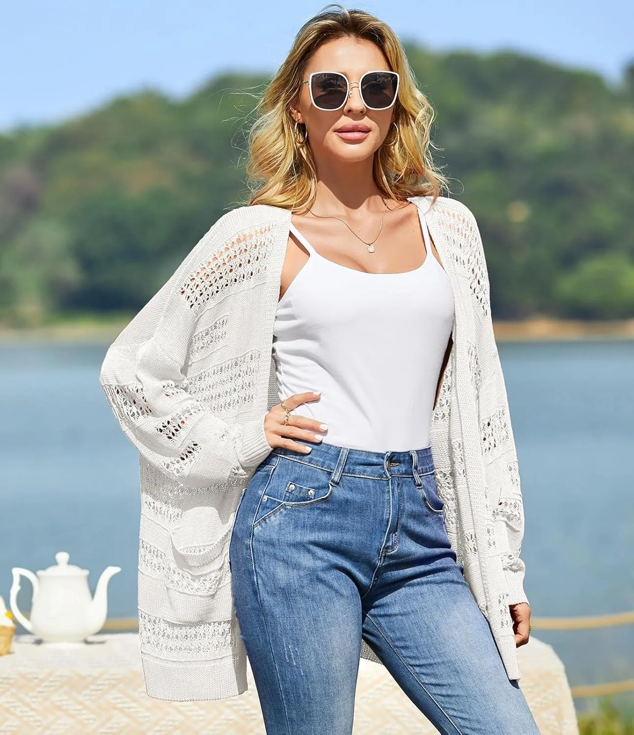 V FOR CITY Women's Cardigans Lightweight Summer Crochet Oversized Long Sleeved Open Front Knit Sweater Trendy
