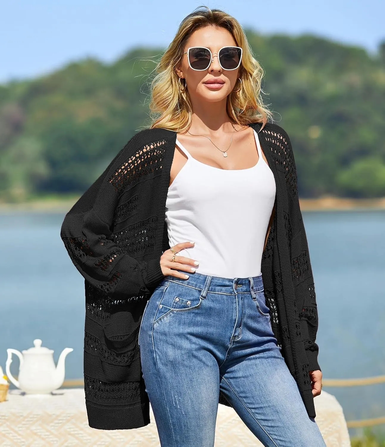 V FOR CITY Women's Cardigans Lightweight Summer Crochet Oversized Long Sleeved Open Front Knit Sweater Trendy