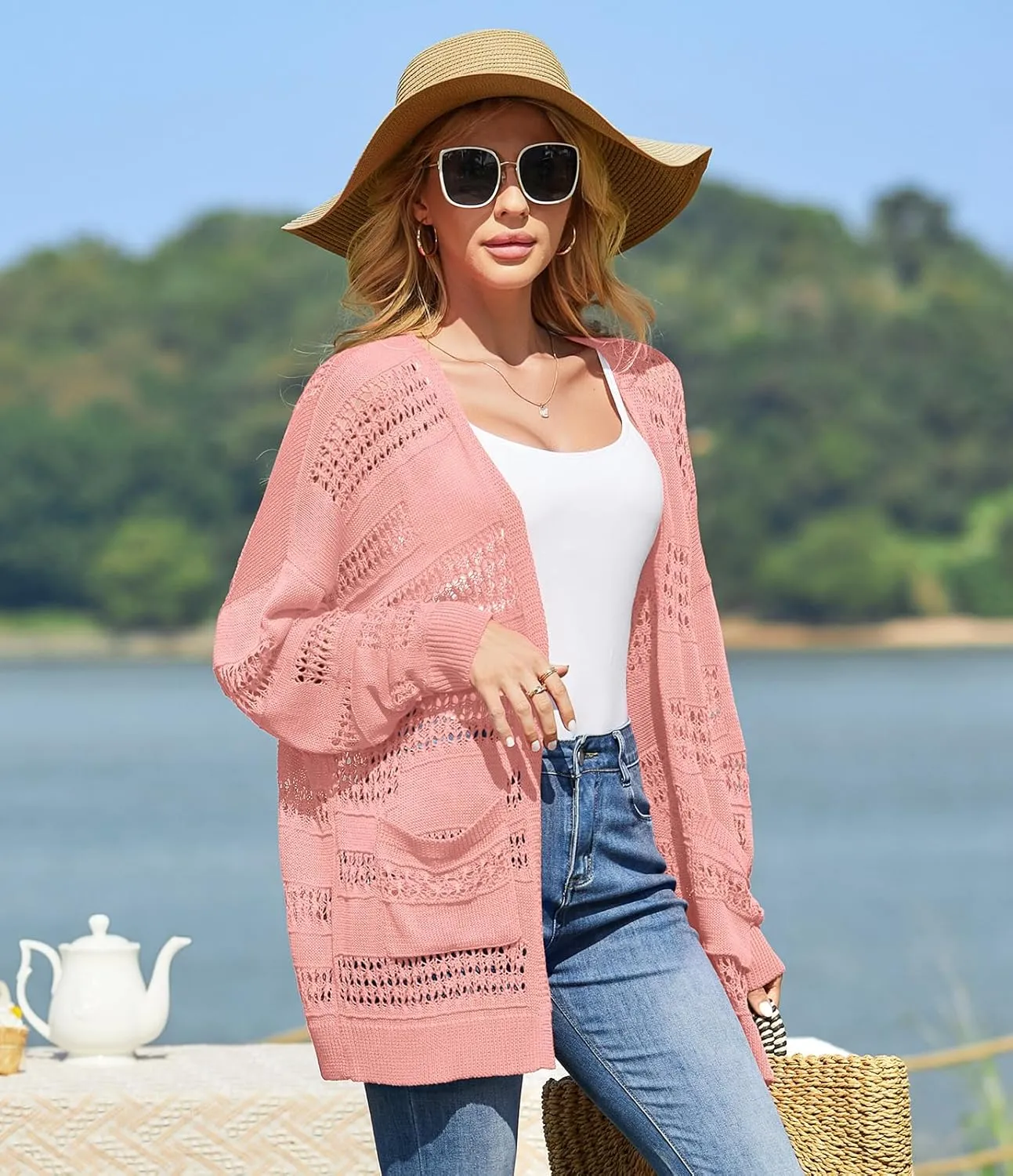 V FOR CITY Women's Cardigans Lightweight Summer Crochet Oversized Long Sleeved Open Front Knit Sweater Trendy