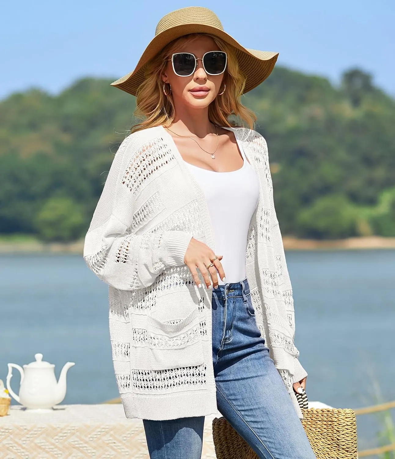 V FOR CITY Women's Cardigans Lightweight Summer Crochet Oversized Long Sleeved Open Front Knit Sweater Trendy